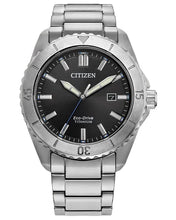 Load image into Gallery viewer, CITIZEN Mens ECO ECO Silver-Tone Super Titanium Case, Silver-Tone Super Titanium Bracelet, Black Dial, WR 0100M AW1840-50E