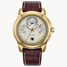 Load image into Gallery viewer, CITIZEN Mens ECO ECO Gold-Tone Stainless Steel Case, Brown Leather Strap, Gold-Tone  Dial, WR 0100M BU0082-06P