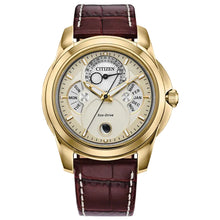 Load image into Gallery viewer, CITIZEN Mens ECO ECO Gold-Tone Stainless Steel Case, Brown Leather Strap, Gold-Tone Dial, WR 0100M BU0082-06P