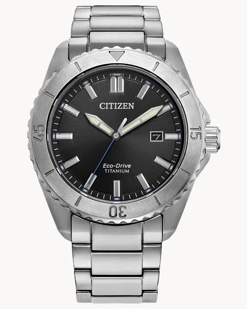 CITIZEN Mens ECO ECO Silver-Tone Super Titanium Case, Silver-Tone Super Titanium Bracelet, Black  Dial, WR 0100M AW1840-50E
