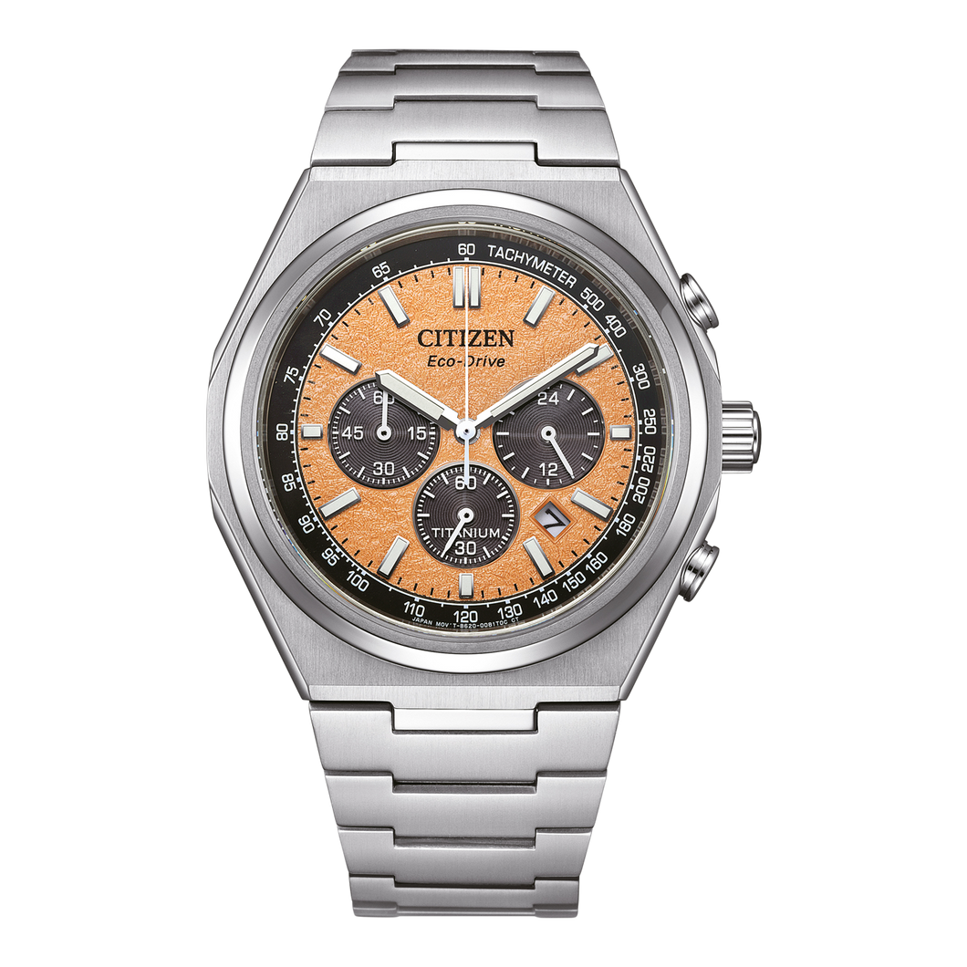 CITIZEN Mens ECO ECO Silver-Tone Super Titanium Case, Silver-Tone Super Titanium Bracelet, Salmon  Dial, WR 0100M CA4610-85Z