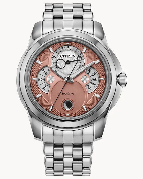 CITIZEN Mens ECO ECO Silver-Tone Stainless Steel Case, Silver-Tone Stainless Steel Bracelet, Salmon  Dial, WR 0100M BU0080-52X