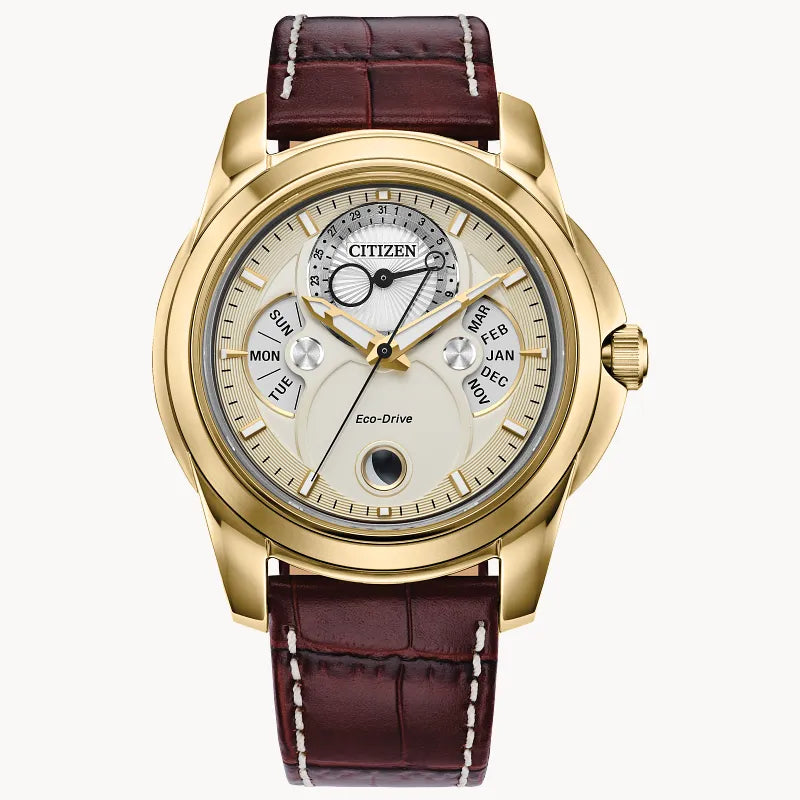 CITIZEN Mens ECO ECO Gold-Tone Stainless Steel Case, Brown Leather Strap, Gold-Tone  Dial, WR 0100M BU0082-06P