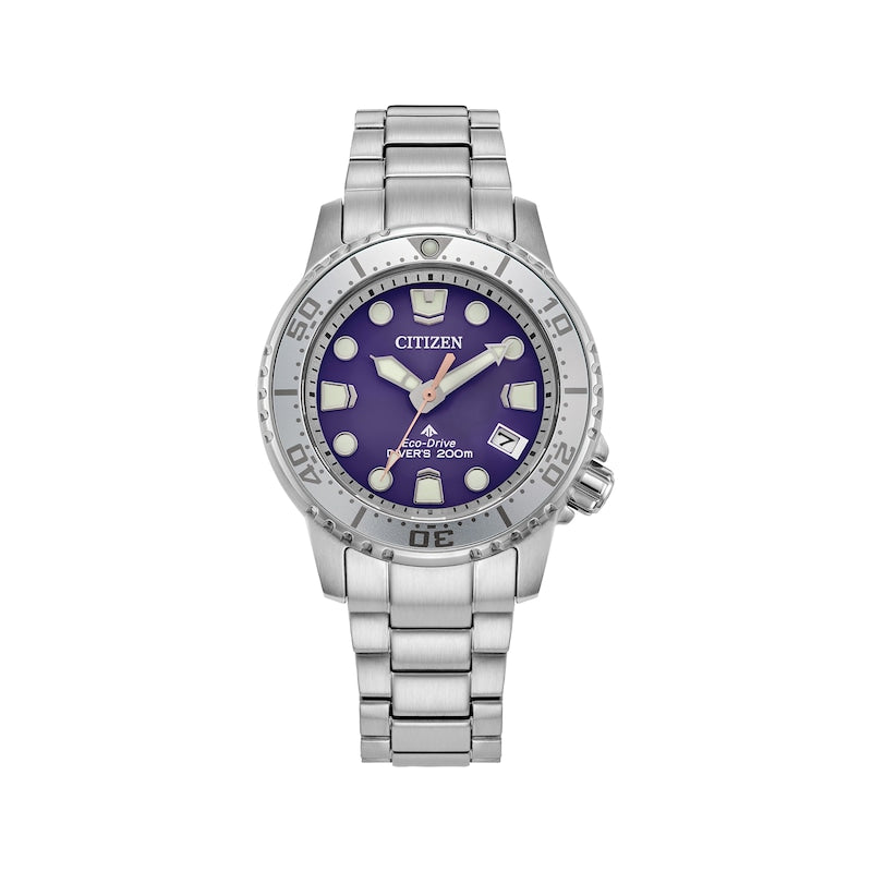 CITIZEN Ladies ECO ECO Silver-Tone Stainless Steel Case, Silver-Tone Stainless Steel Bracelet, Purple  Dial, WR 200M EO2027-50X