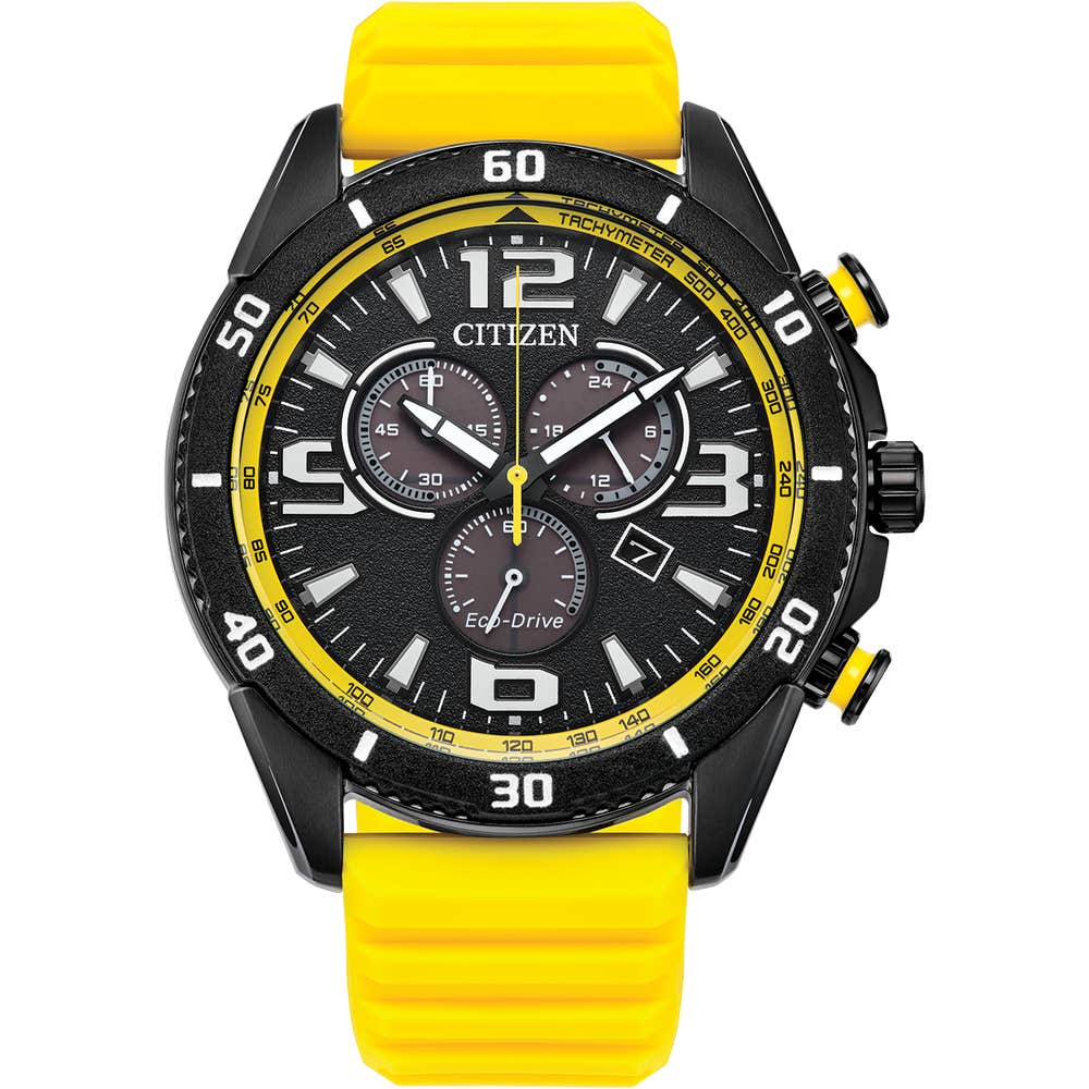 CITIZEN Mens ECO ECO Black Stainless Steel Case, Yellow Silicone Strap, Black  Dial, WR 0100M AT2585-08E
